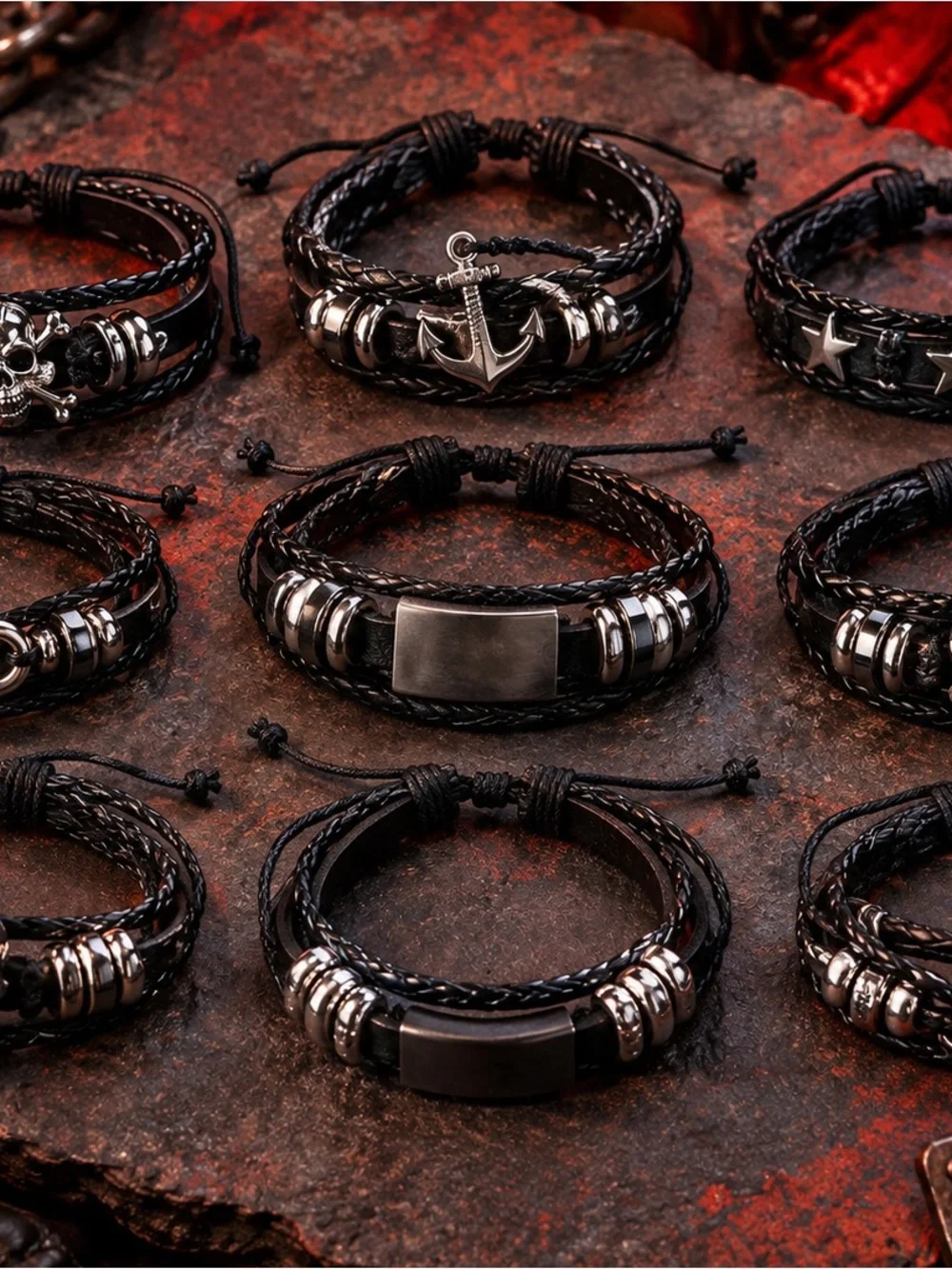 9 Pc Mens Black Braided Bracelet Lot Skull Biker Goth Punk Metal Accent